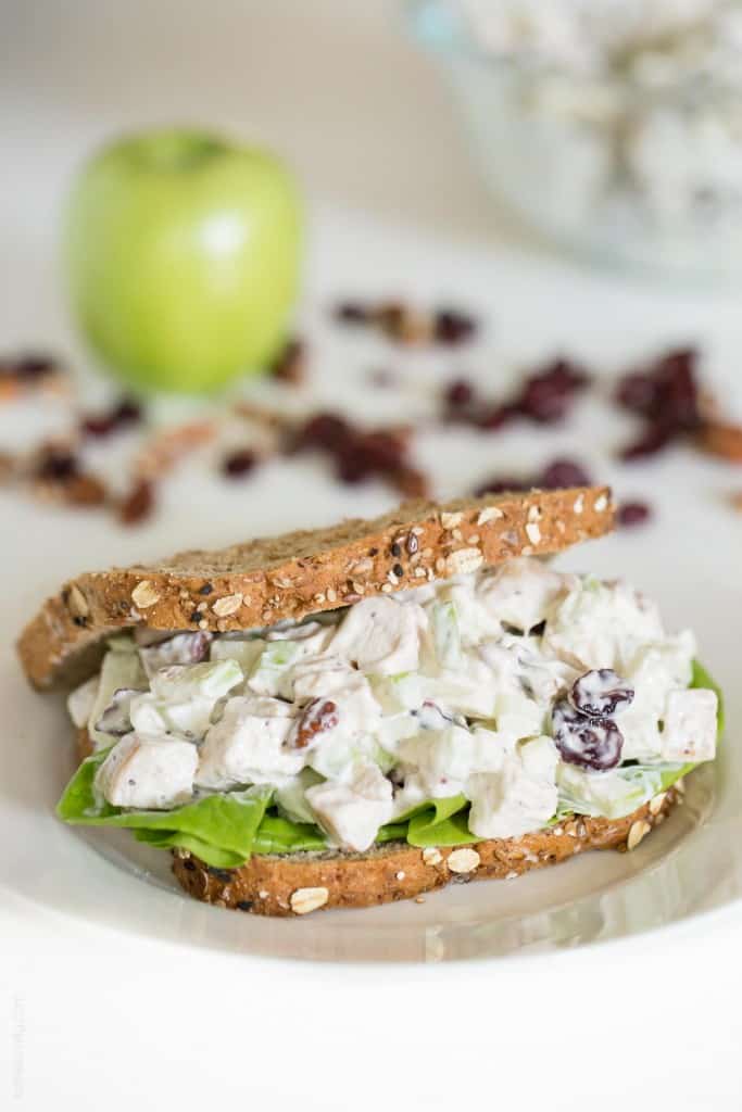 Fall Chicken Salad with tart Granny Smith apples, sweet dried cranberries, and crunchy toasted pecans. Serve it as a sandwich on soft whole wheat bread or in lettuce as a lettuce wrap. Perfect autumn lunch!