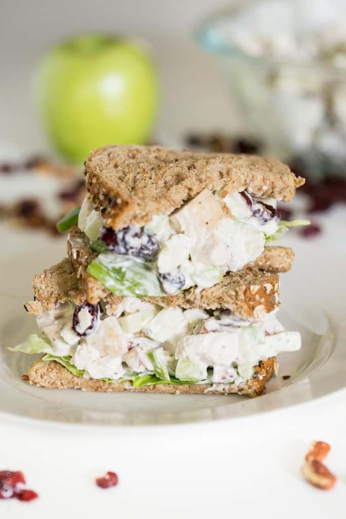 Fall Chicken Salad with tart Granny Smith apples, sweet dried cranberries, and crunchy toasted pecans. Serve it as a sandwich on soft whole wheat bread or in lettuce as a lettuce wrap. Perfect autumn lunch!