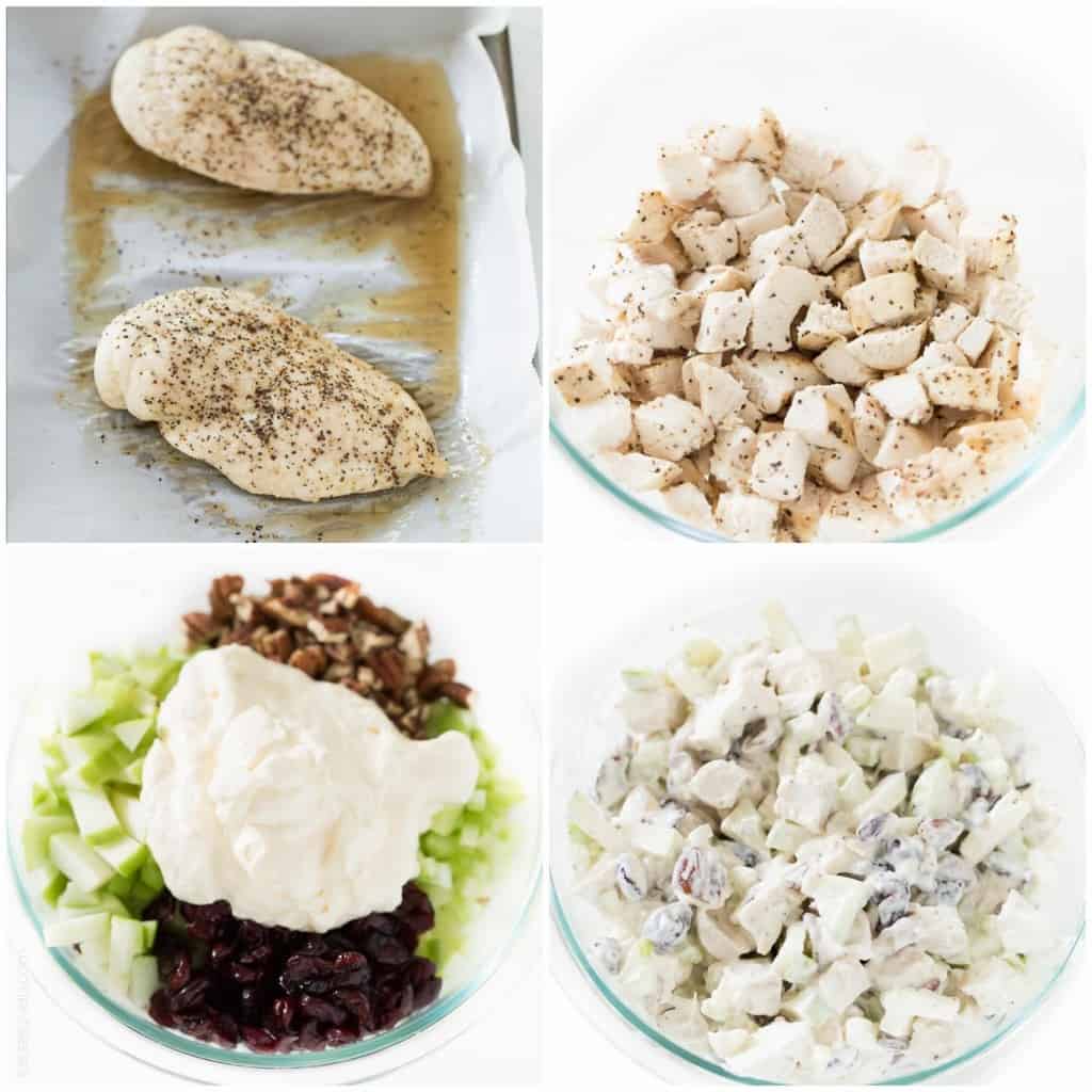 Fall Chicken Salad with tart Granny Smith apples, sweet dried cranberries, and crunchy toasted pecans. Serve it as a sandwich on soft whole wheat bread or in lettuce as a lettuce wrap. Perfect autumn lunch!