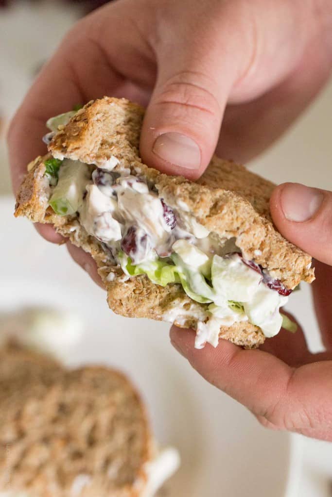 Fall Chicken Salad with tart Granny Smith apples, sweet dried cranberries, and crunchy toasted pecans. Serve it as a sandwich on soft whole wheat bread or in lettuce as a lettuce wrap. Perfect autumn lunch!