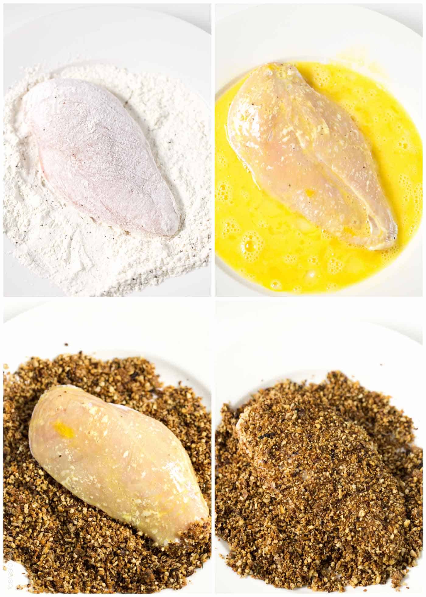 step by step photos showing how to dredge the chicken 