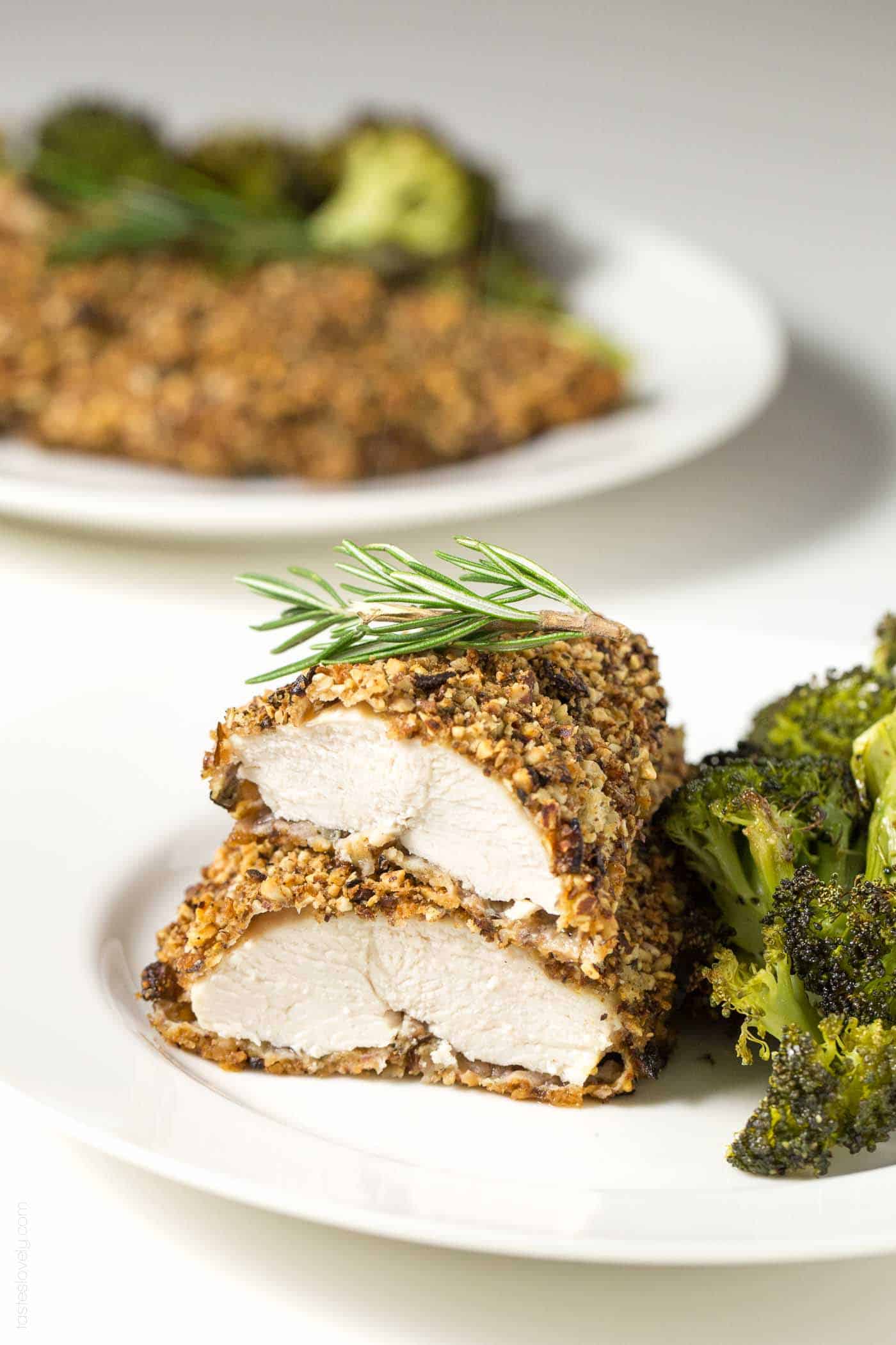 almond crusted chicken sliced and stacked on top of each other