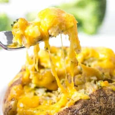 Broccoli Cheddar Stuffed Baked Potato with Chicken | tasteslovely.com