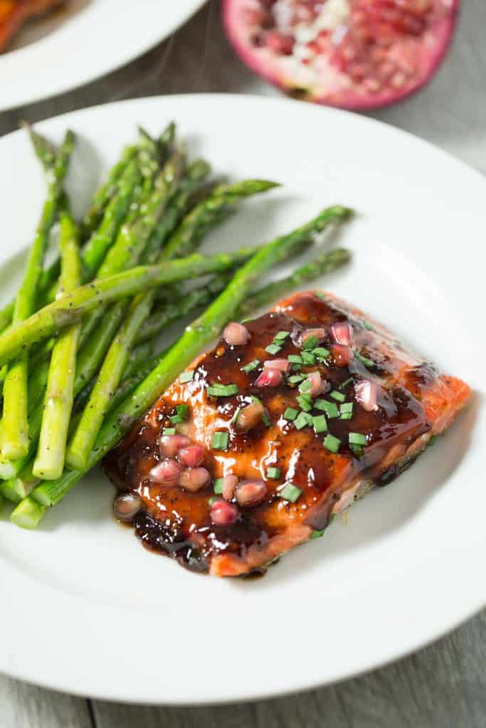 Pomegranate Soy Glazed Salmon - Delicious and easy 30 minute fish dinner that is gluten free, paleo, and dairy free!