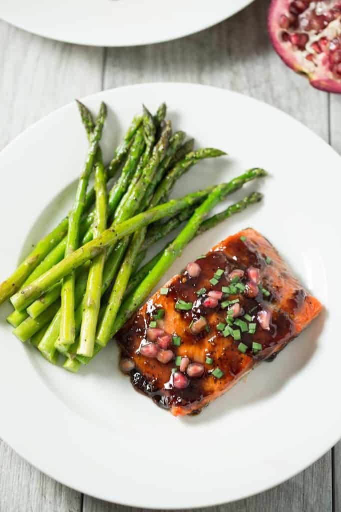 Pomegranate Soy Glazed Salmon - Delicious and easy 30 minute fish dinner that is gluten free, paleo, and dairy free!