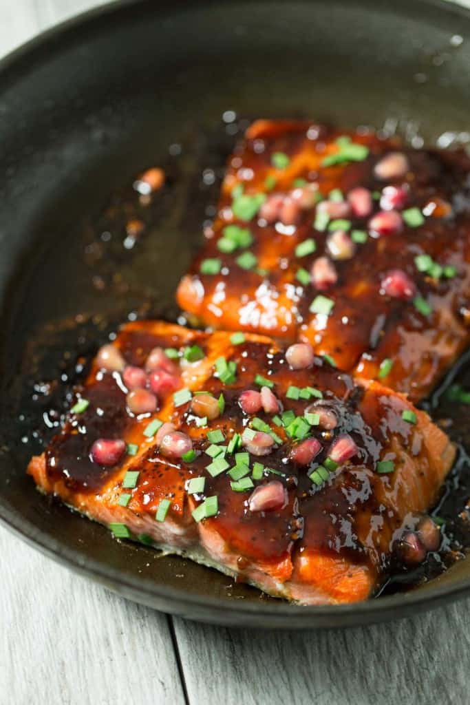 Pomegranate Soy Glazed Salmon - Delicious and easy 30 minute fish dinner that is gluten free, paleo, and dairy free!