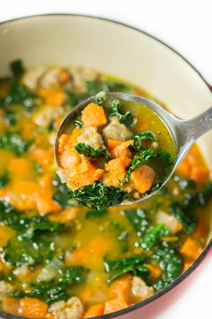 Sausage and Sweet Potato Soup with Kale (paleo, gluten free, dairy free, Whole30)