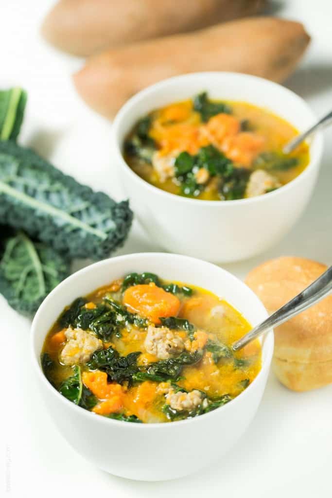 Sausage and Sweet Potato Soup with Kale (paleo, gluten free, dairy free, Whole30)