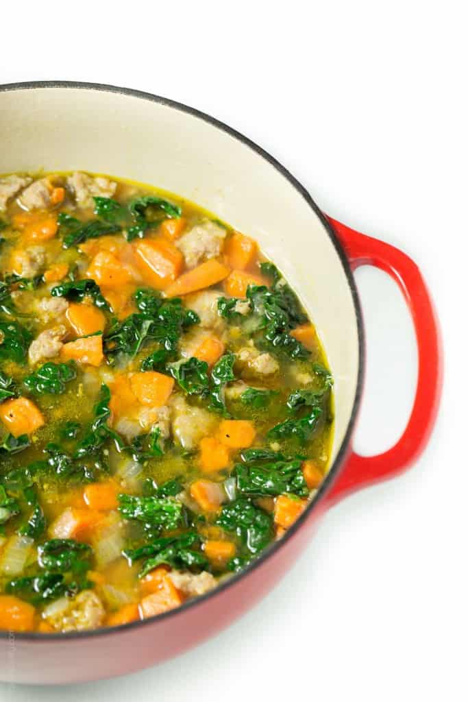 Sausage and Sweet Potato Soup with Kale (paleo, gluten free, dairy free, Whole30)