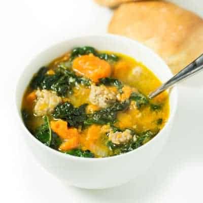 Sausage and Sweet Potato Soup with Kale (paleo, gluten free, dairy free) | tasteslovely.com