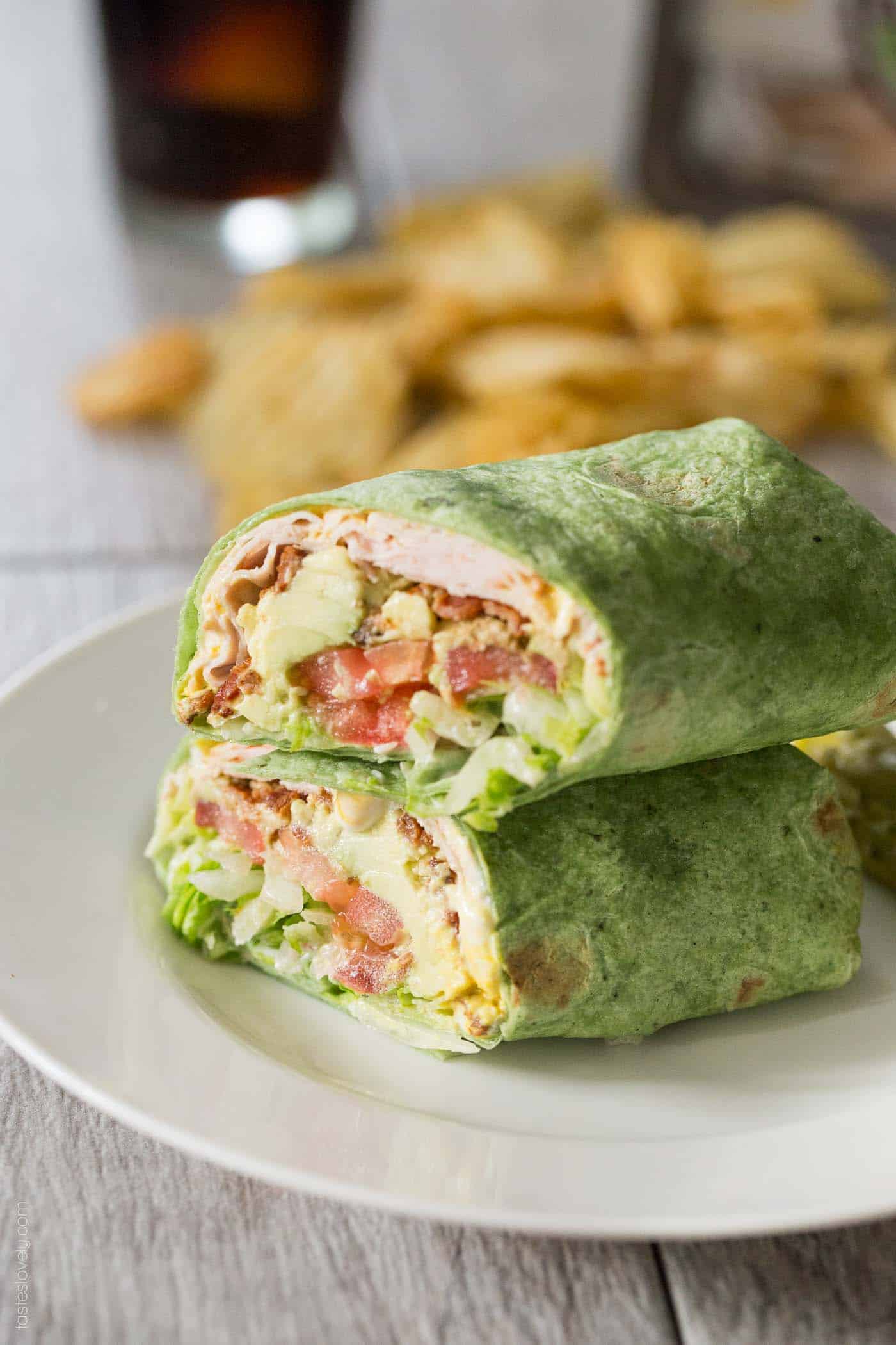 club sandwich fillings in a spinach tortilla