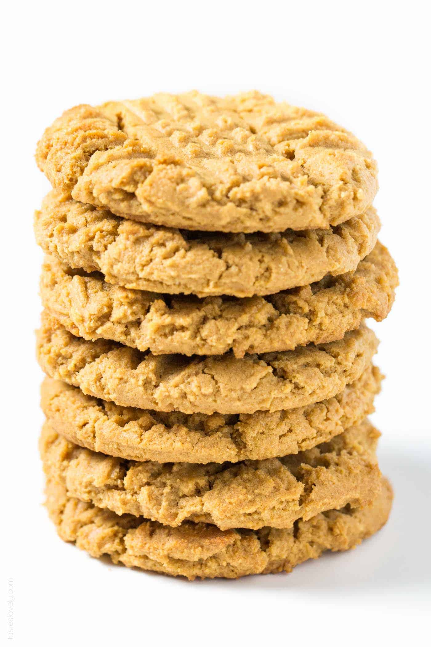an up close photo of a stack of peanut butter cookies.