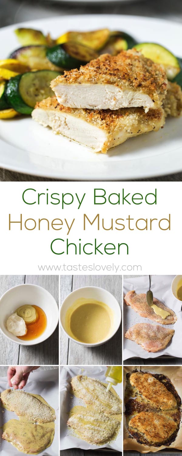 Crispy oven baked honey mustard chicken - chicken breasts smothered in honey mustard sauce, topped with panko bread crumbs, and baked in the oven until golden and crispy. The easiest 30 minute chicken dinner!