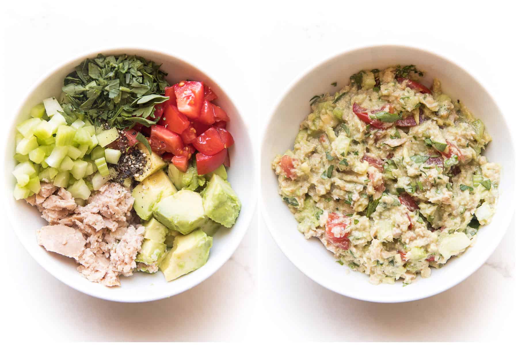 ingredients needed for avocado tuna salad in a white bowl on a white background