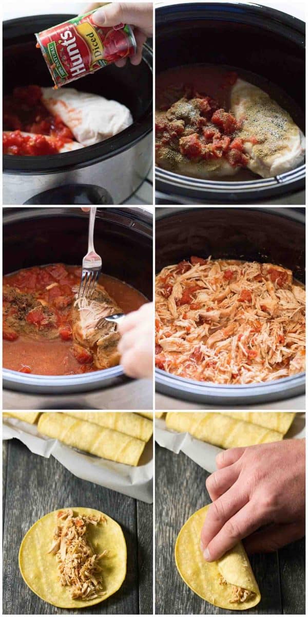 Baked Shredded Chicken Taquitos - juicy Mexican shredded chicken made in the slow cooker, then wrapped in corn tortillas, sprayed with olive oil, and baked in the oven. Great for an appetizer or dinner, and much healthier than fried!