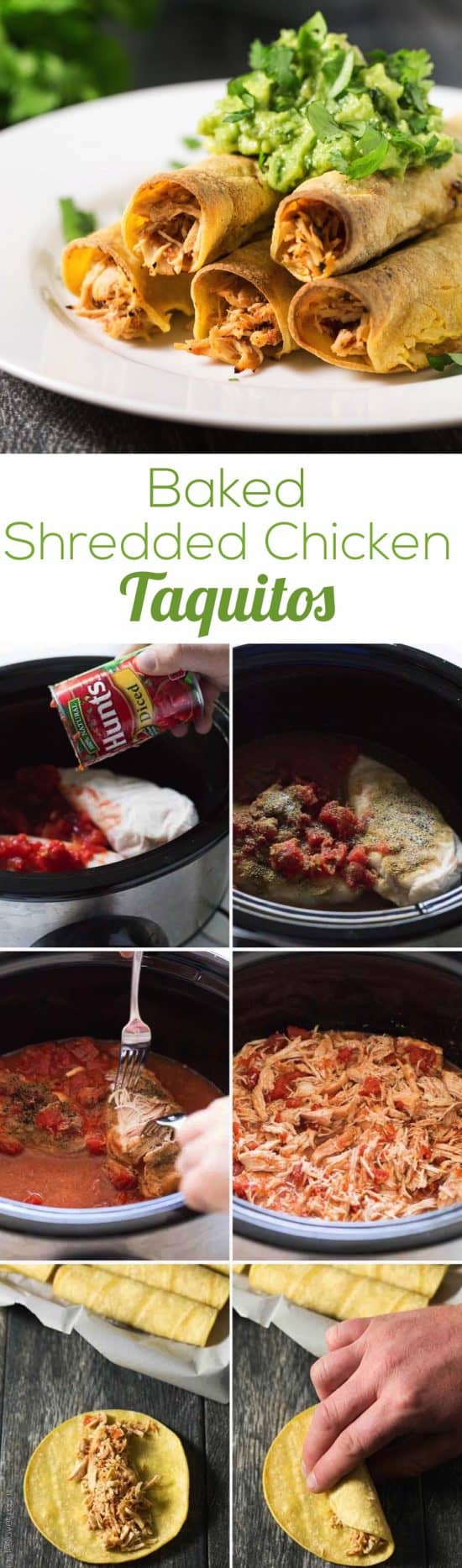 Baked Shredded Chicken Taquitos - juicy Mexican shredded chicken made in the slow cooker, then wrapped in corn tortillas, sprayed with olive oil, and baked in the oven. Great for an appetizer or dinner, and much healthier than fried!