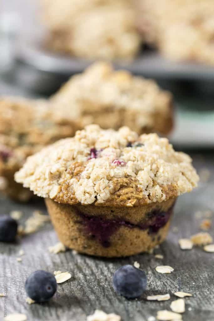 The BEST Healthy Blueberry Oatmeal Muffins with Streusel Topping - made with coconut oil so they're dairy free!