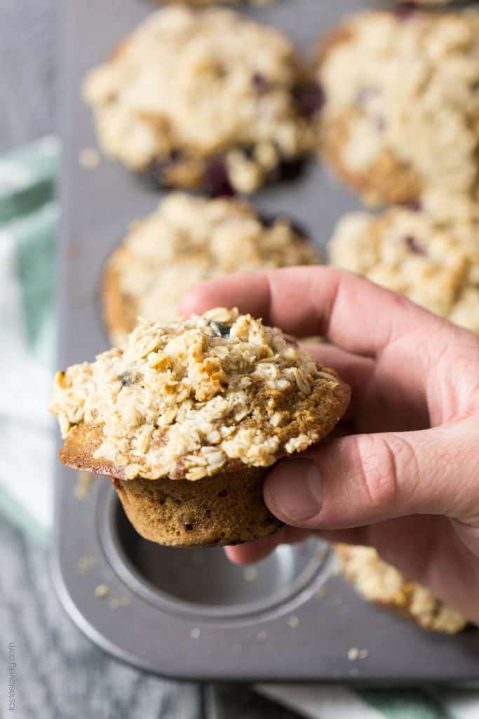 The BEST Healthy Blueberry Oatmeal Muffins with Streusel Topping - made with coconut oil so they're dairy free!
