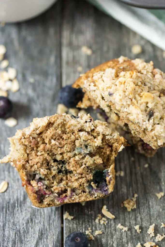 The BEST Healthy Blueberry Oatmeal Muffins with Streusel Topping - made with coconut oil so they're dairy free!