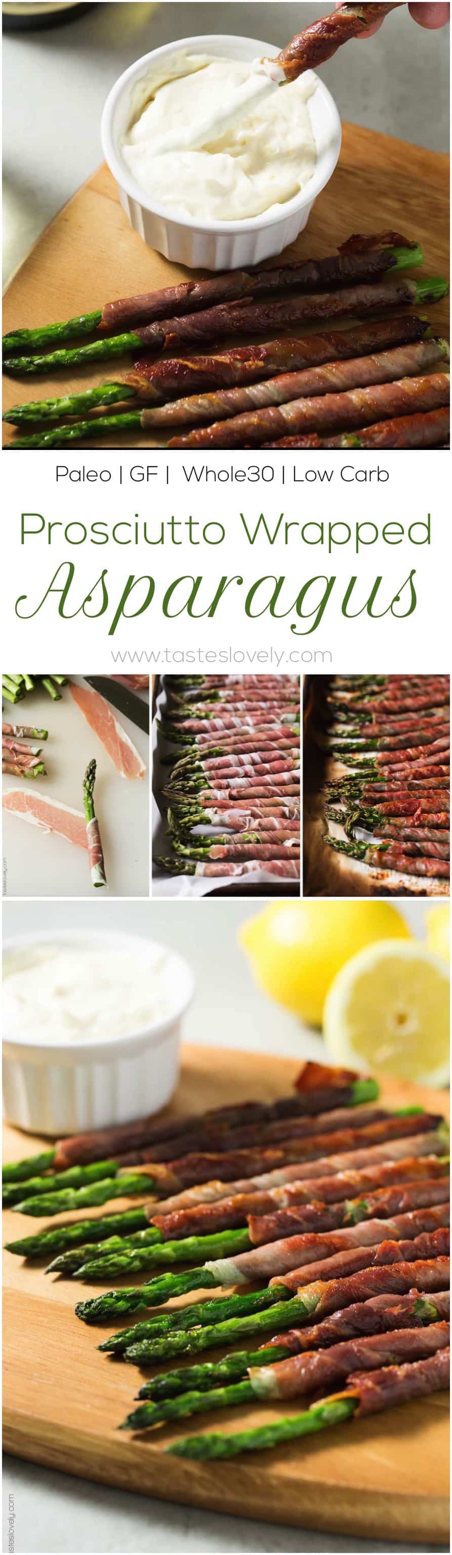 Paleo Prosciutto Wrapped Asparagus appetizer with lemon garlic aioli (paleo, gluten free, whole30, low carb)