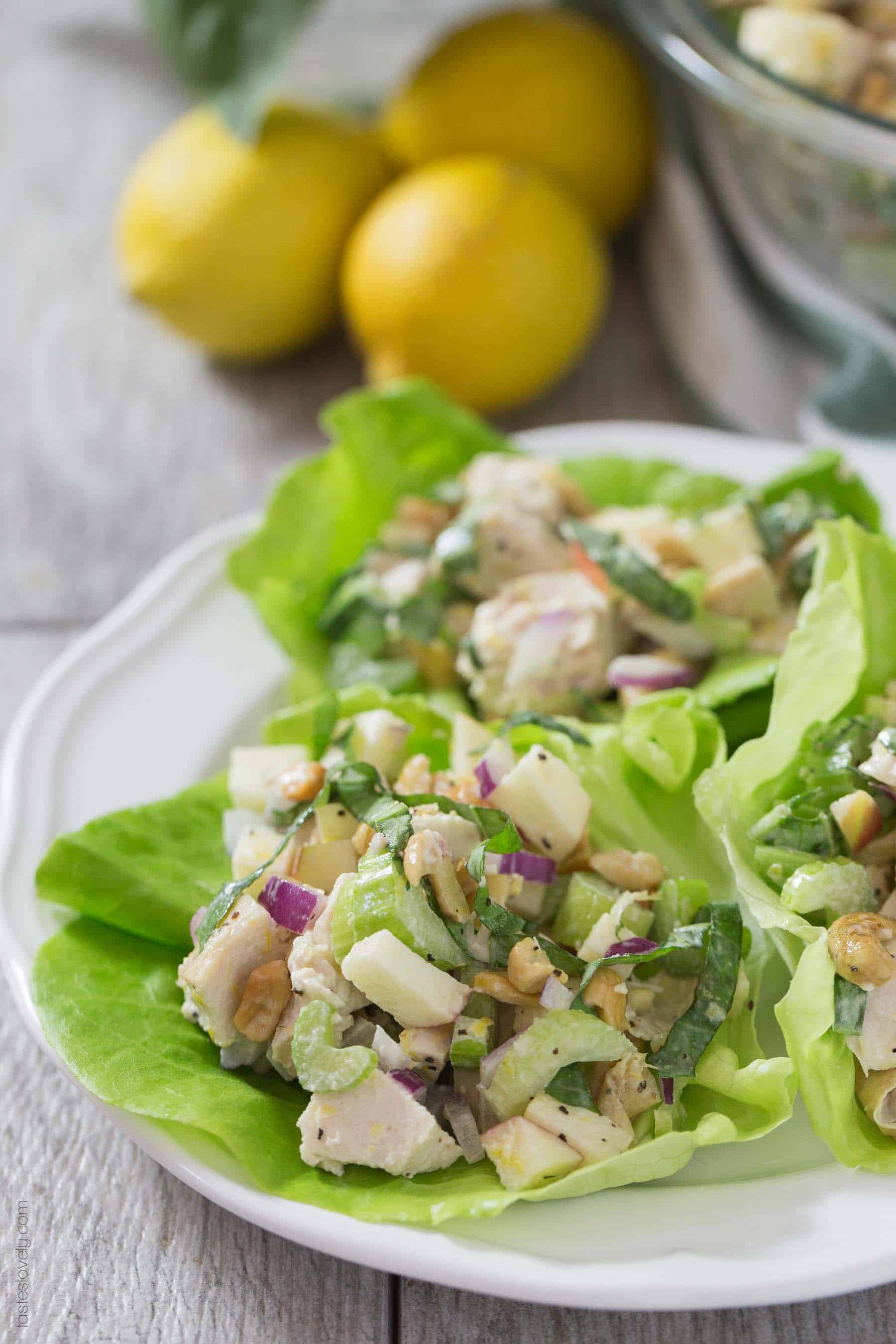 Paleo Lemon Basil Chicken Salad Lettuce Wraps - a light and healthy lunch recipe that is gluten free, whole30, paleo and dairy free!
