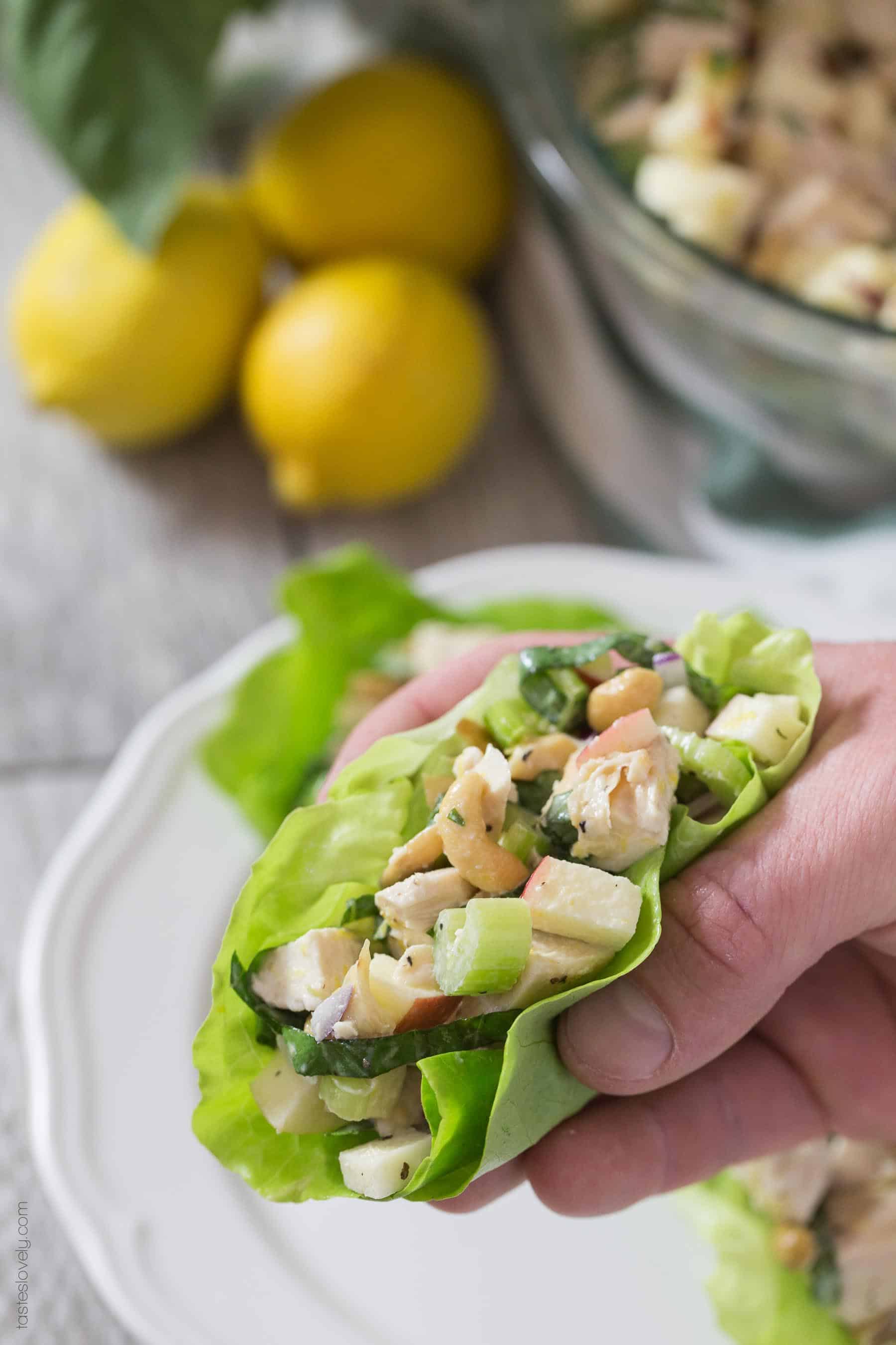 Paleo Lemon Basil Chicken Salad Lettuce Wraps - a light and healthy lunch recipe that is gluten free, whole30, paleo and dairy free!