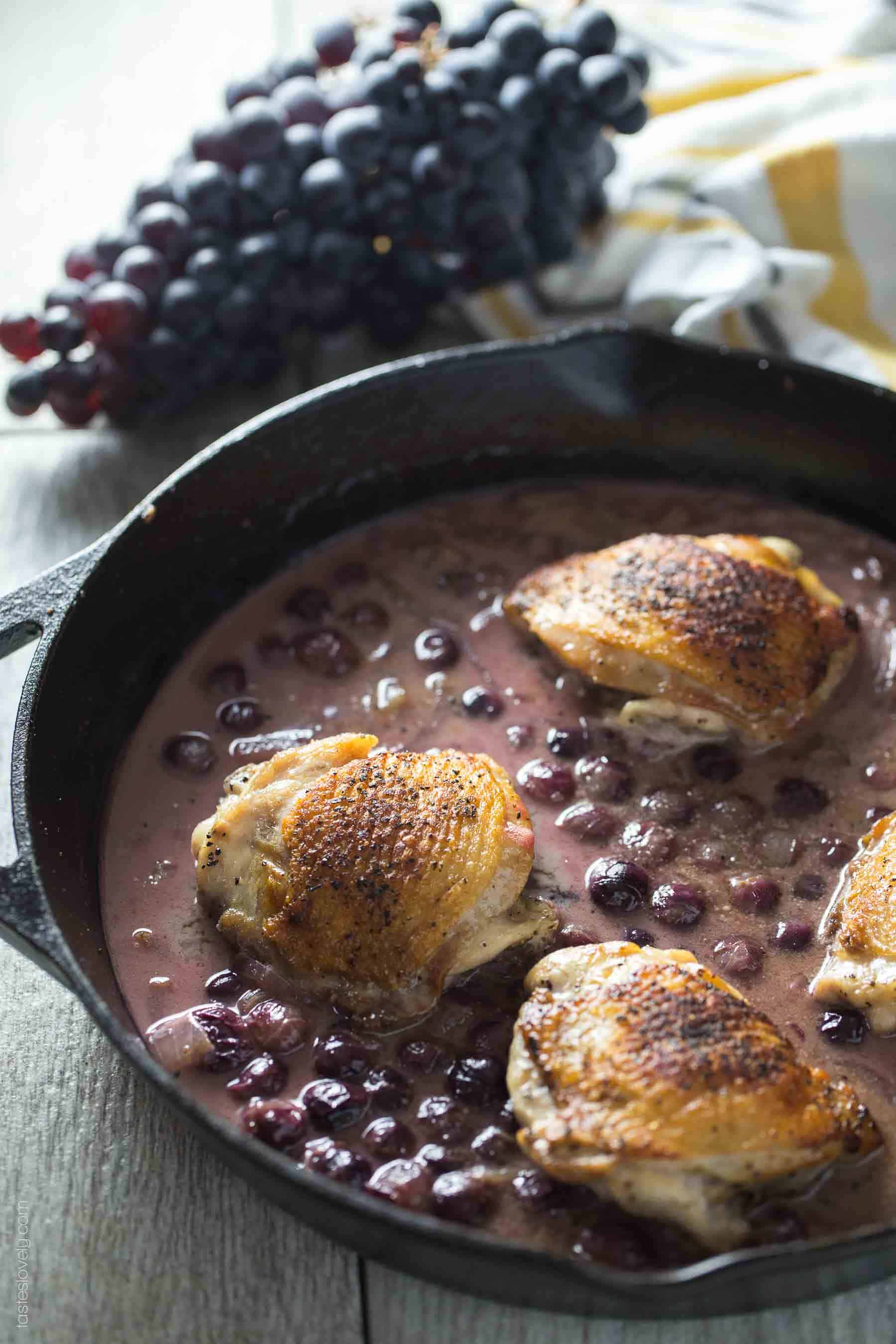 Chicken Thighs Braised in Mustard Grape Sauce - healthy fall or winter dinner (paleo, whole30, gluten free, dairy free)