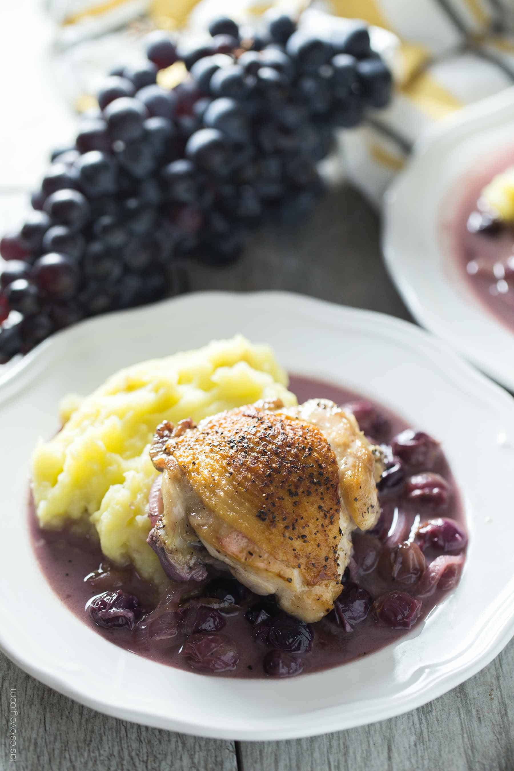 Chicken Thighs Braised in Mustard Grape Sauce - healthy fall or winter dinner (paleo, whole30, gluten free, dairy free)