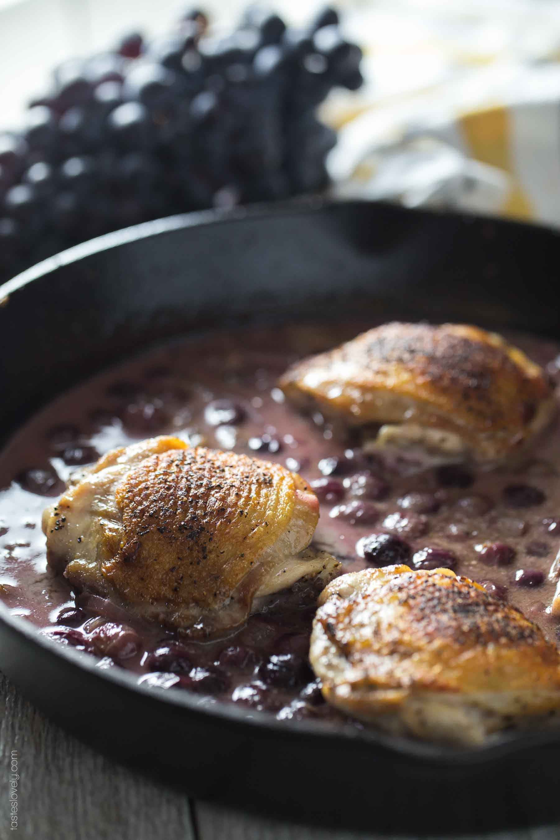 Chicken Thighs Braised in Mustard Grape Sauce - healthy fall or winter dinner (paleo, whole30, gluten free, dairy free)