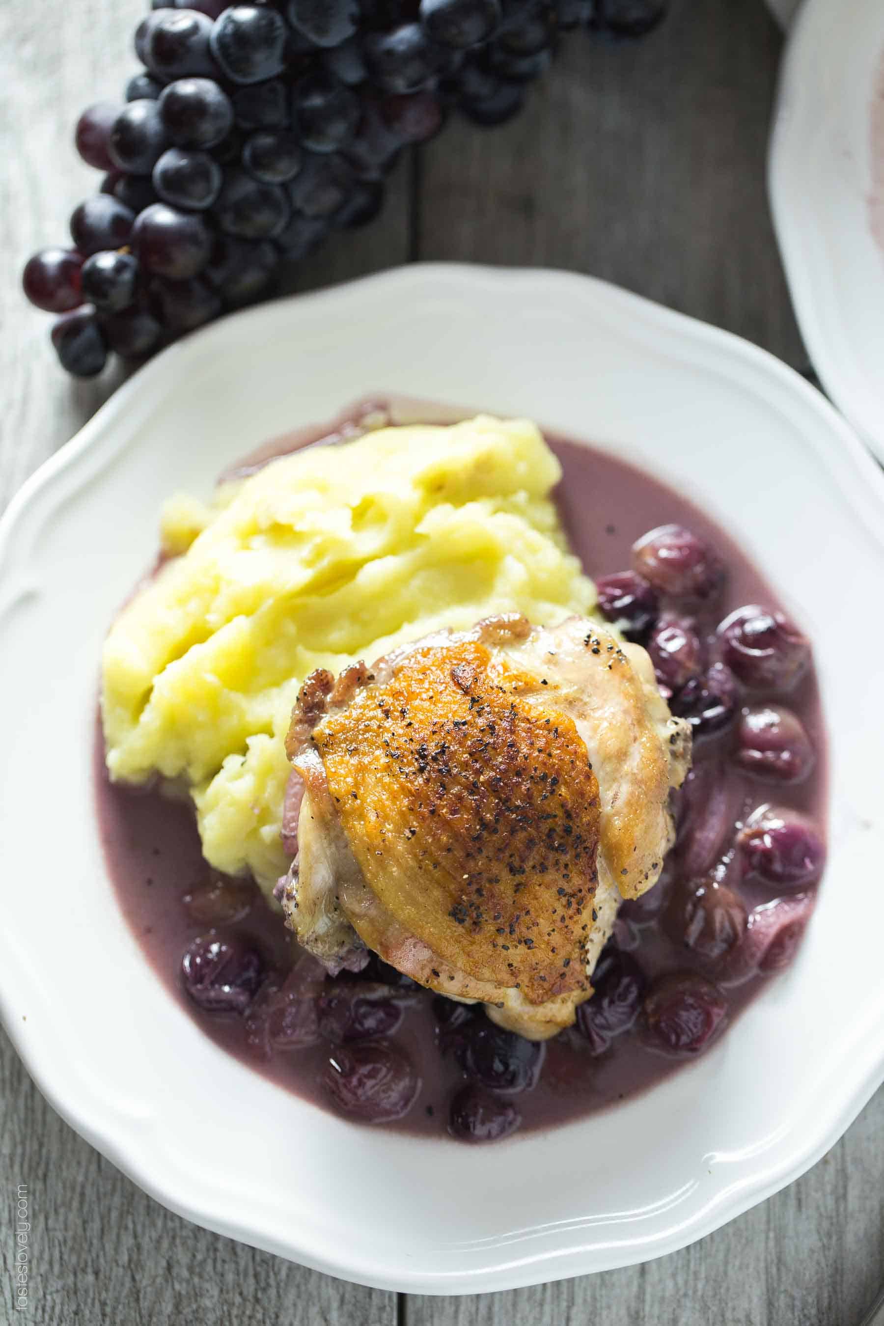 Chicken Thighs Braised in Mustard Grape Sauce - healthy fall or winter dinner (paleo, whole30, gluten free, dairy free)