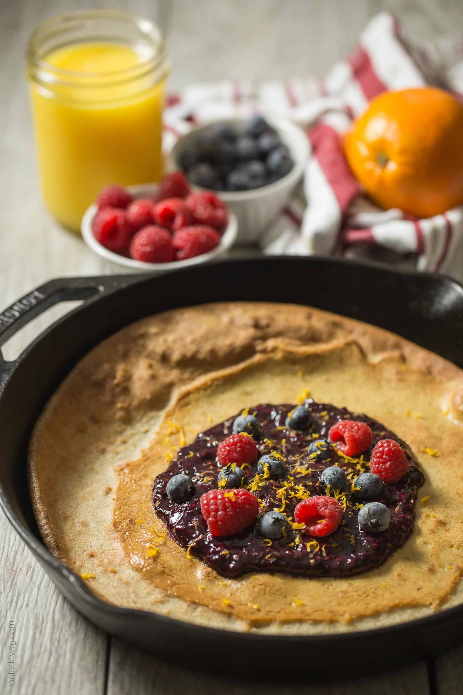 Paleo Dutch Baby with Orange Berry Compote - a healthy gluten free, paleo, dairy free, sugar free breakfast!