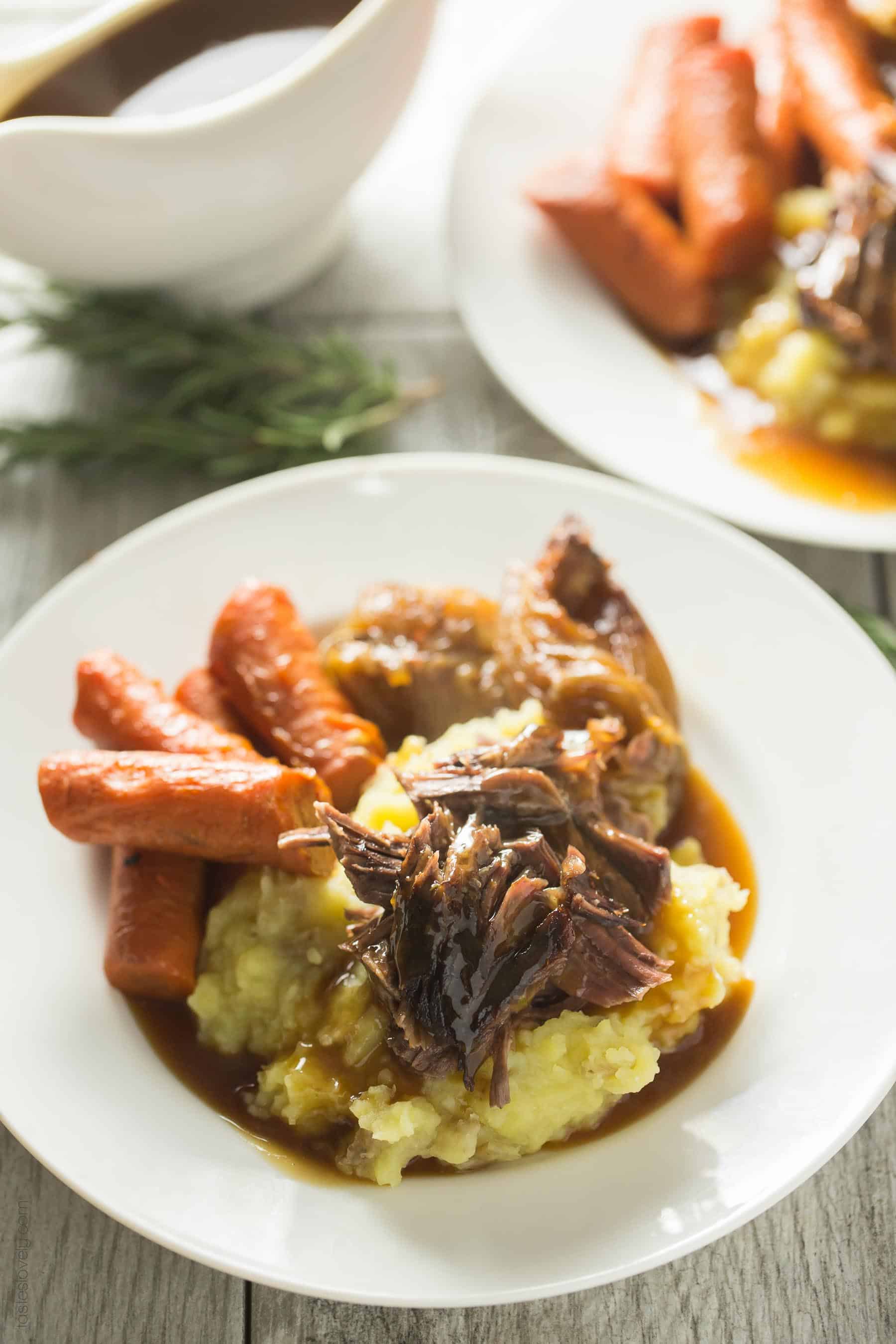Paleo Pot Roast with Gravy - the most flavorful and juicy pot roast slow roasted in the oven. You would never guess it is dairy free, flour free, gluten free, and Whole30!