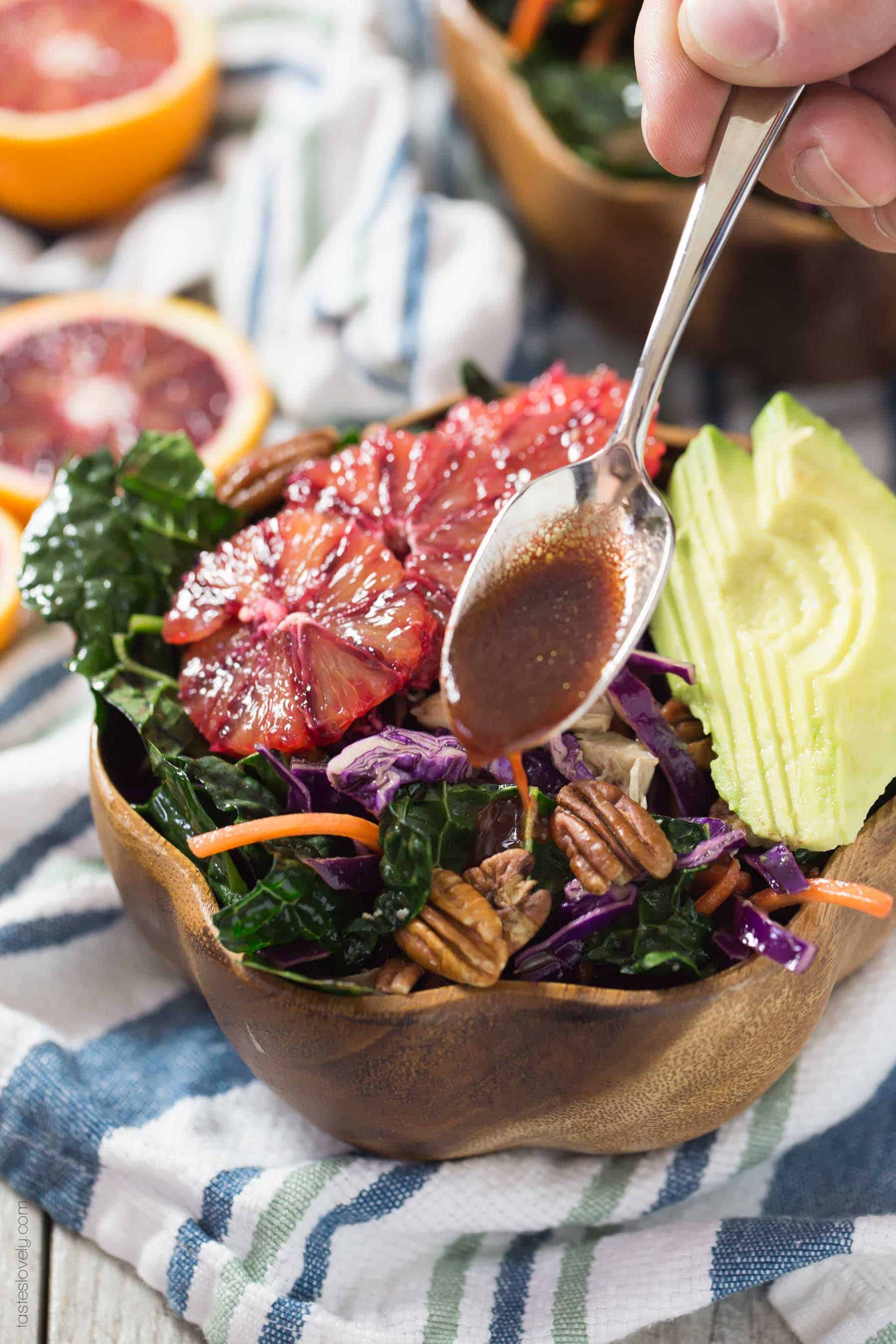 Winter Kale and Blood Orange Salad with a blood orange balsamic vinaigrette - a quick and healthy salad for lunch or dinner! (paleo, whole30, gluten free, dairy free, refined sugar free)