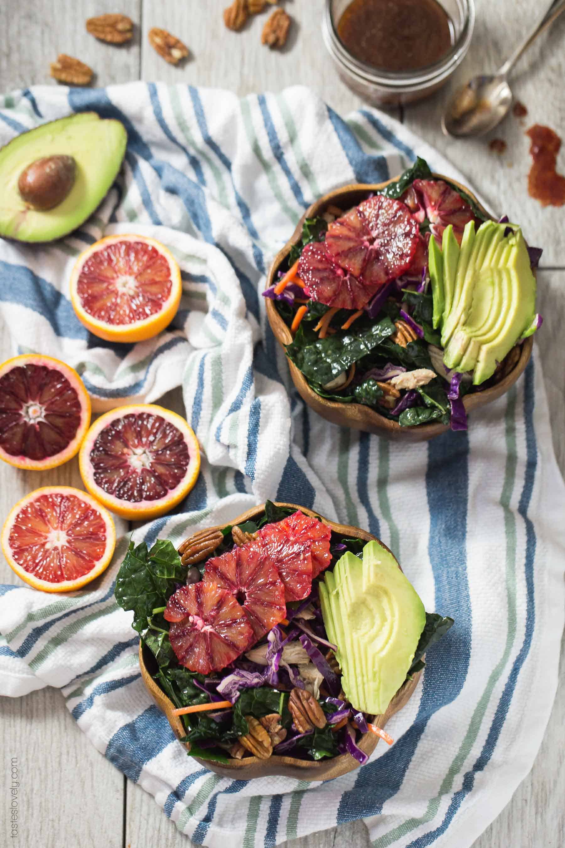 Winter Kale and Blood Orange Salad with a blood orange balsamic vinaigrette - a quick and healthy salad for lunch or dinner! (paleo, whole30, gluten free, dairy free, refined sugar free)