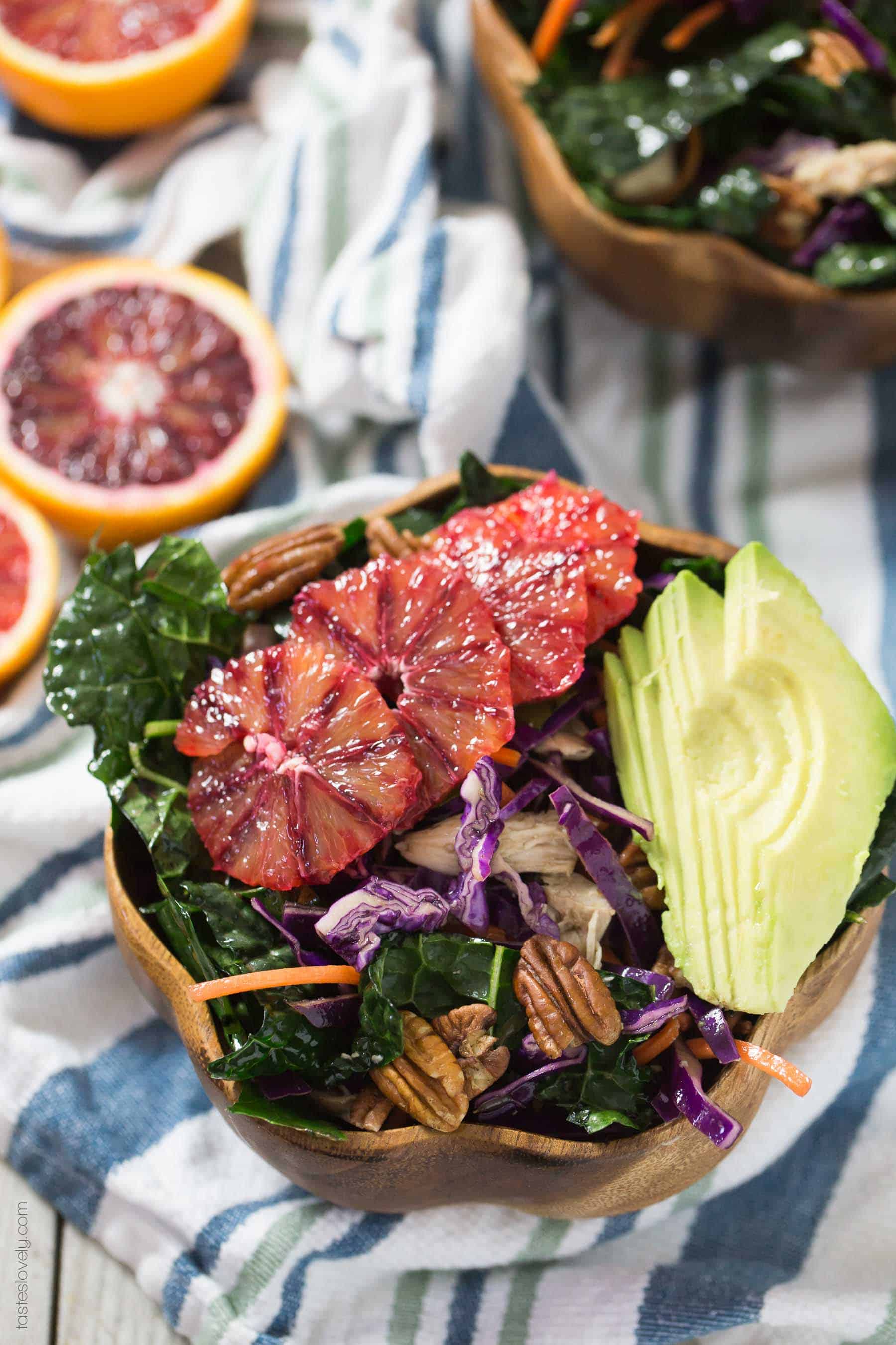 Winter Kale and Blood Orange Salad with a blood orange balsamic vinaigrette - a quick and healthy salad for lunch or dinner! (paleo, whole30, gluten free, dairy free, refined sugar free)