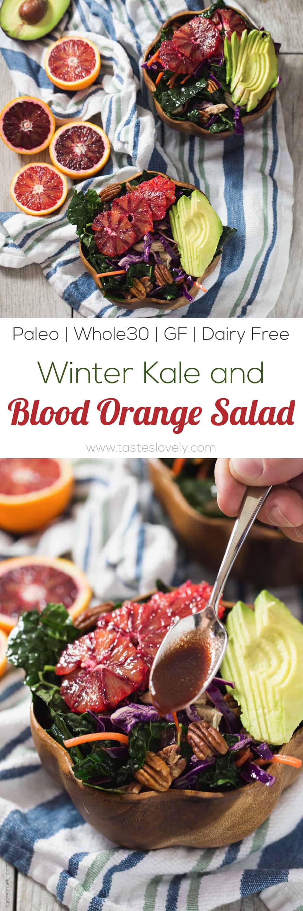 Winter Kale and Blood Orange Salad with a blood orange balsamic vinaigrette - a quick and healthy salad for lunch or dinner! (paleo, whole30, gluten free, dairy free, refined sugar free)