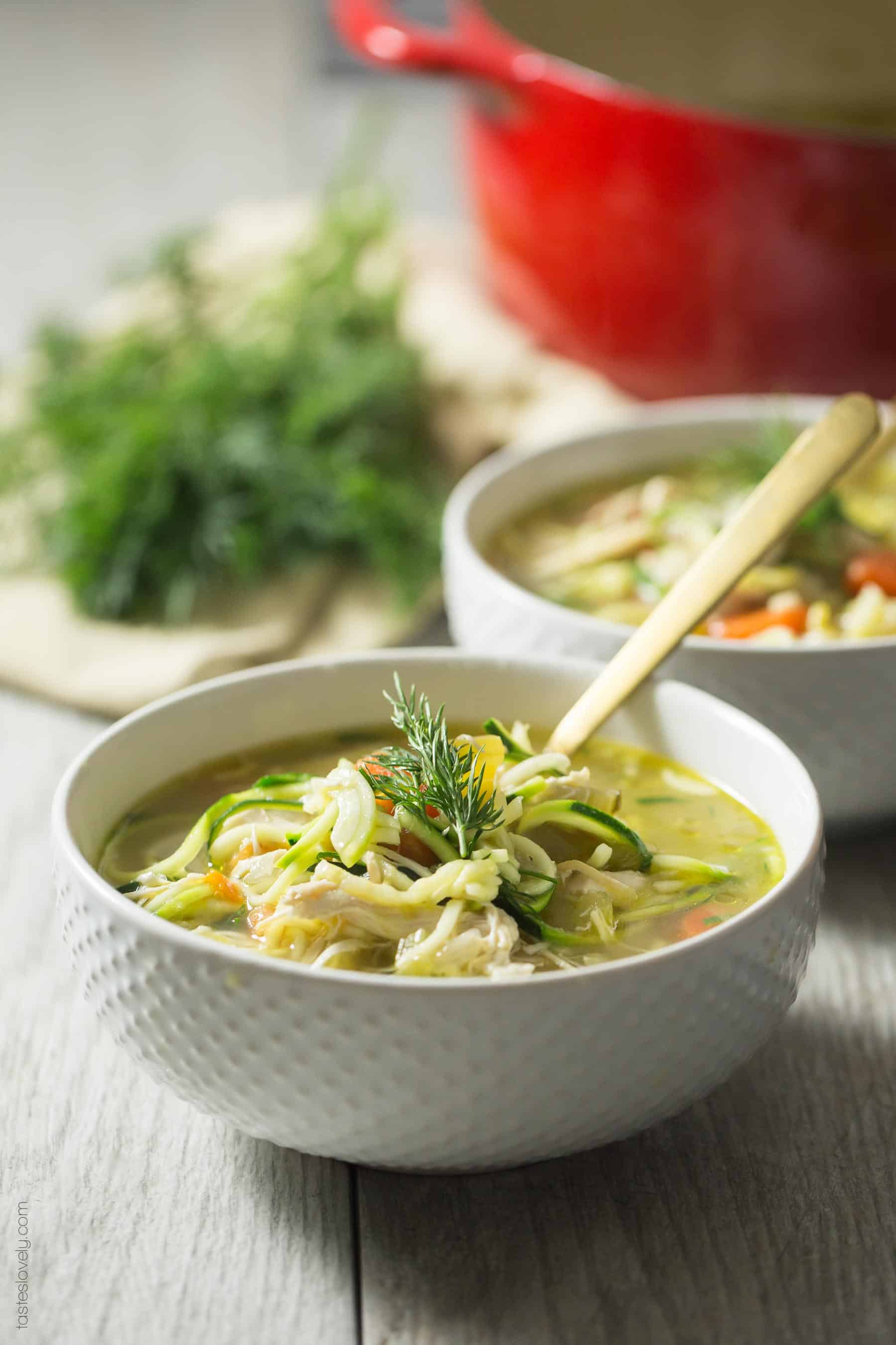 Chicken Zoodle Soup with Dill - comforting and healing recipe with the most amazing broth! (Paleo, Whole30, dairy free, gluten free, grain free, low carb)