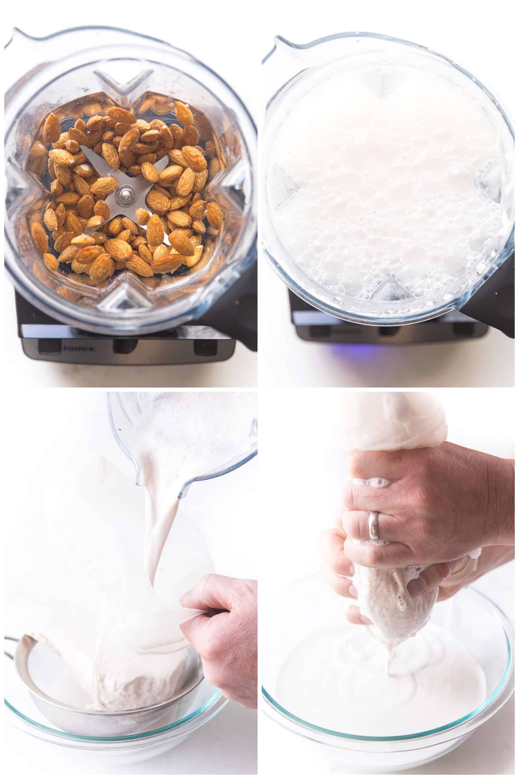 steps of making almond milk on a white background