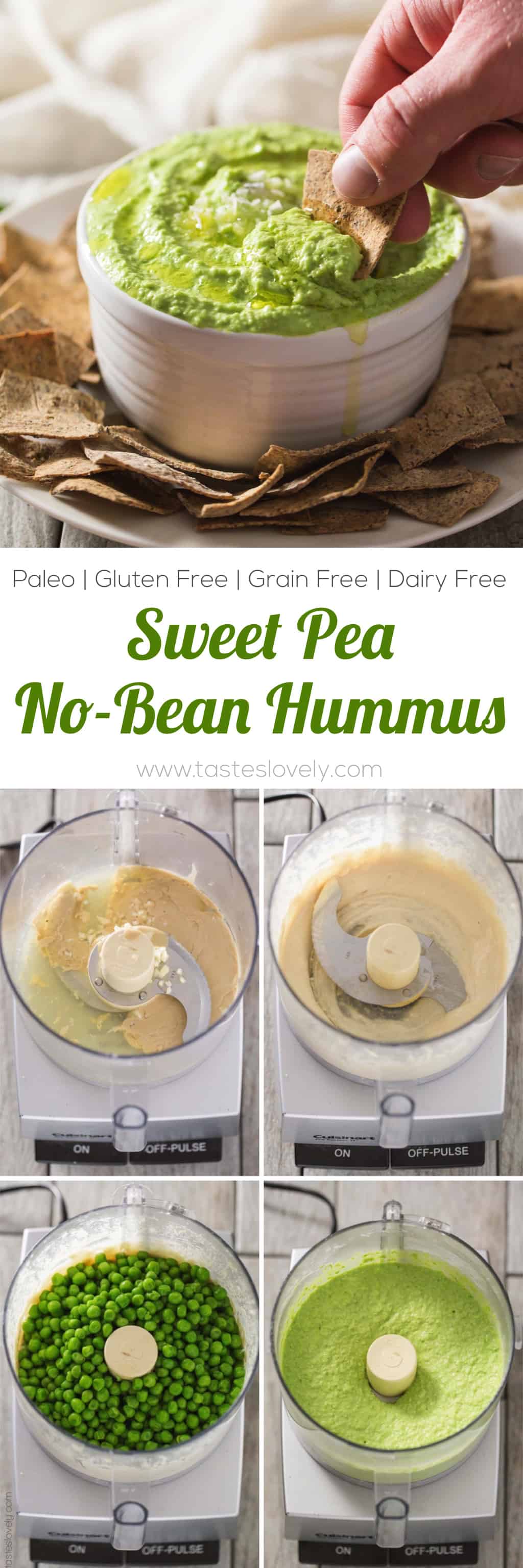 Paleo Sweet Pea No-Bean Hummus - a healthy spring appetizer served with my paleo almond pulp crackers. Paleo, gluten free, grain free, dairy free, sugar free.