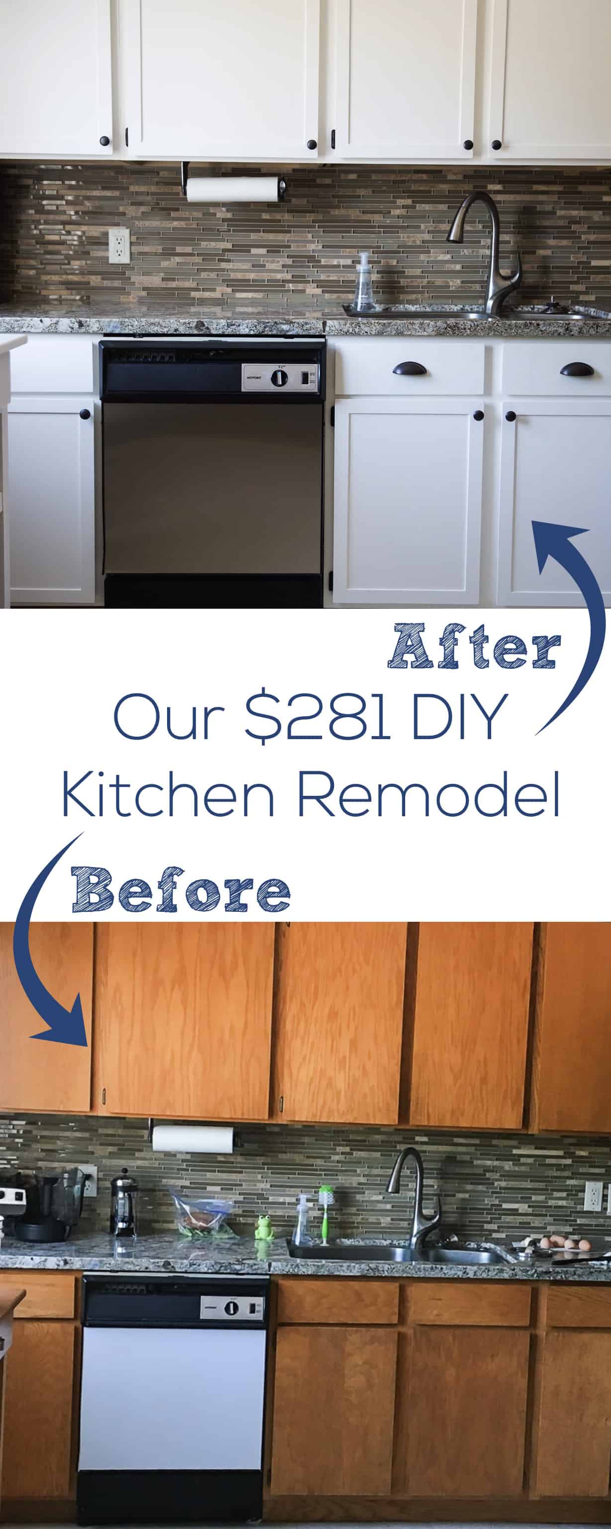 Our $281 DIY Kitchen Remodel - DIY painting oak cabinets white, adding wood trim to make shaker style cabinets, and adding hardware