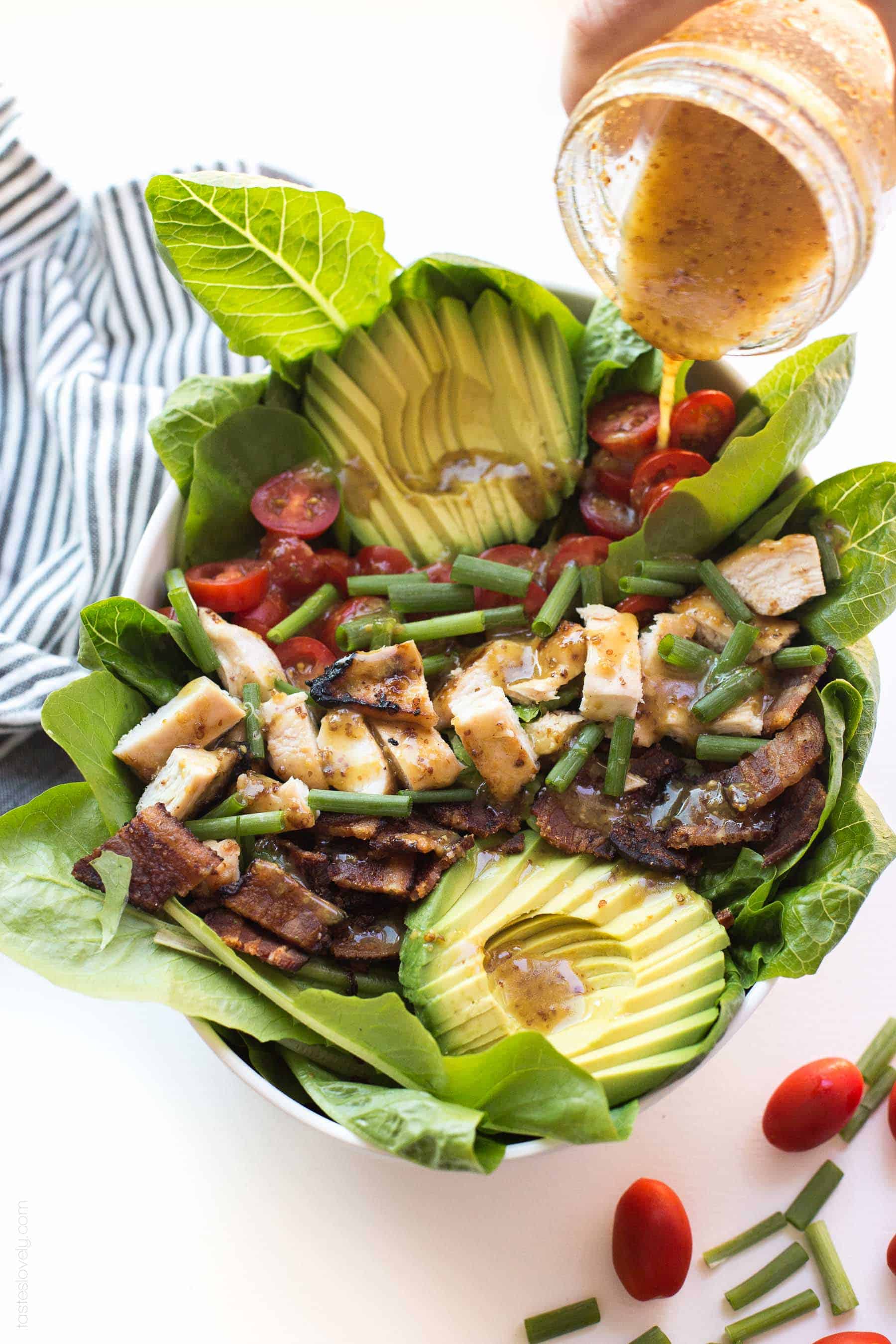 Paleo Honey Mustard Chicken, Bacon & Avocado Salad with tomatoes. A delicious and healthy summer dinner recipe that is paleo, gluten free, dairy free, refined sugar free.
