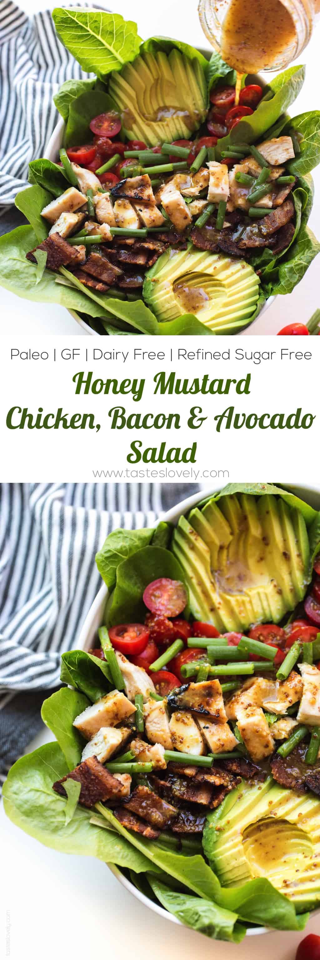 Paleo Honey Mustard Chicken, Bacon & Avocado Salad with tomatoes. A delicious and healthy summer dinner recipe that is paleo, gluten free, dairy free, refined sugar free.