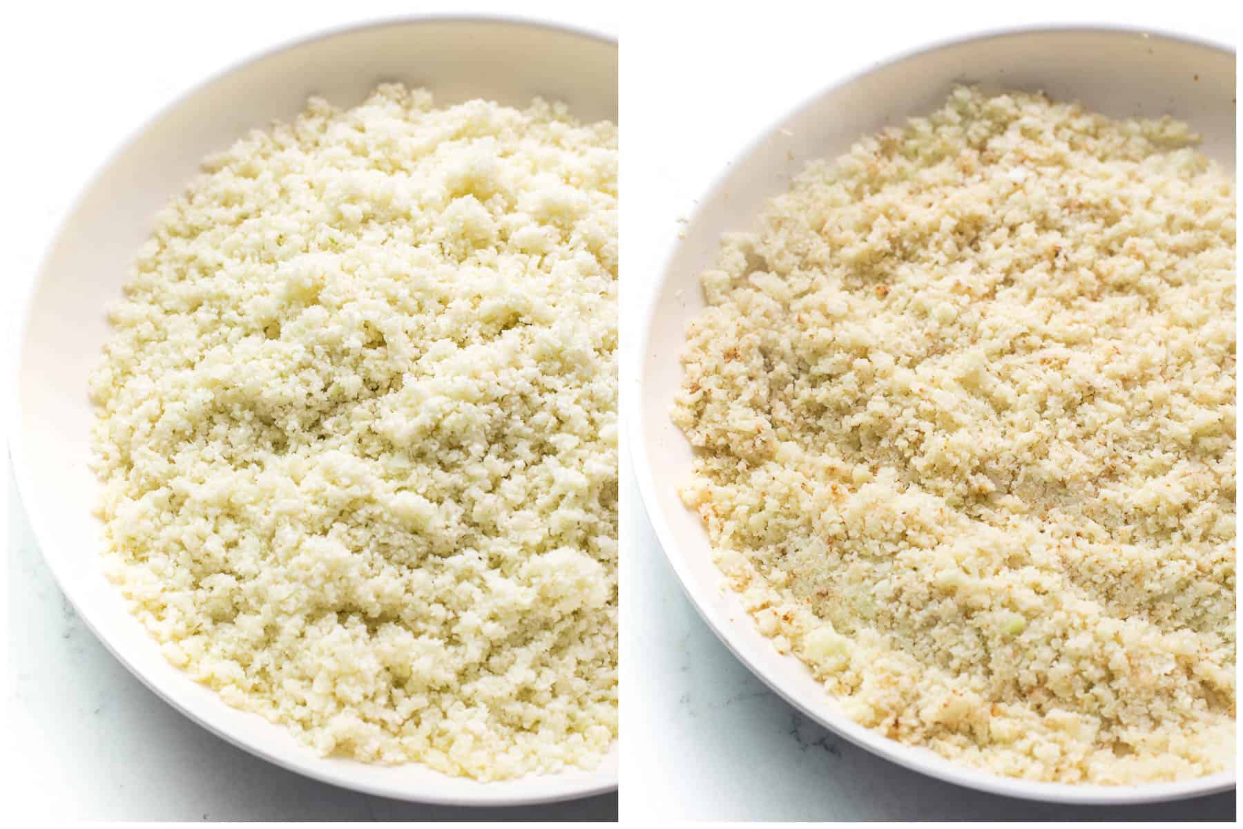 cooking cauliflower rice in a white pan