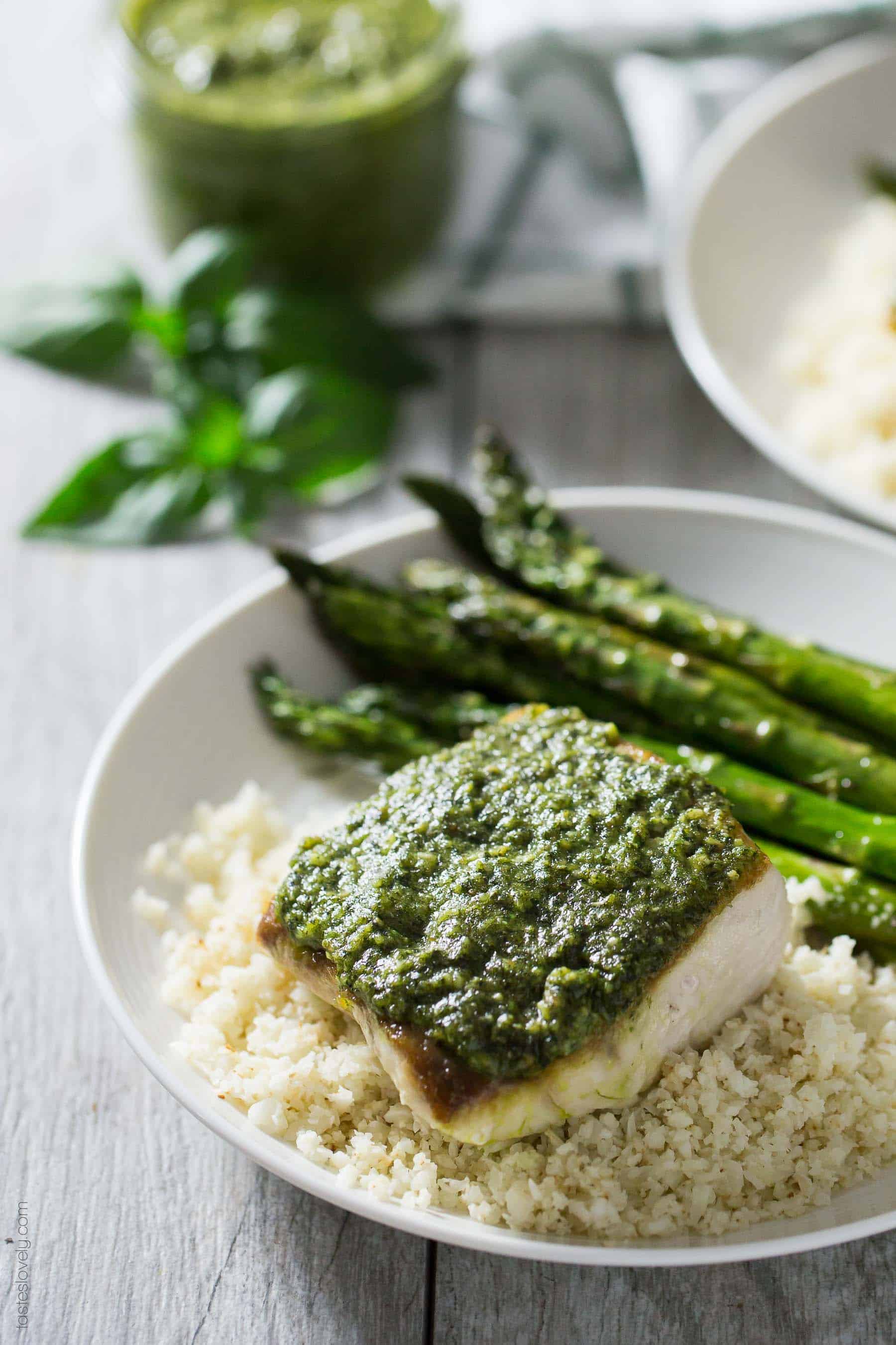 Pesto Mahi Mahi - a simple and fresh fish dinner recipe that is paleo, gluten free, Whole30 and dairy free!