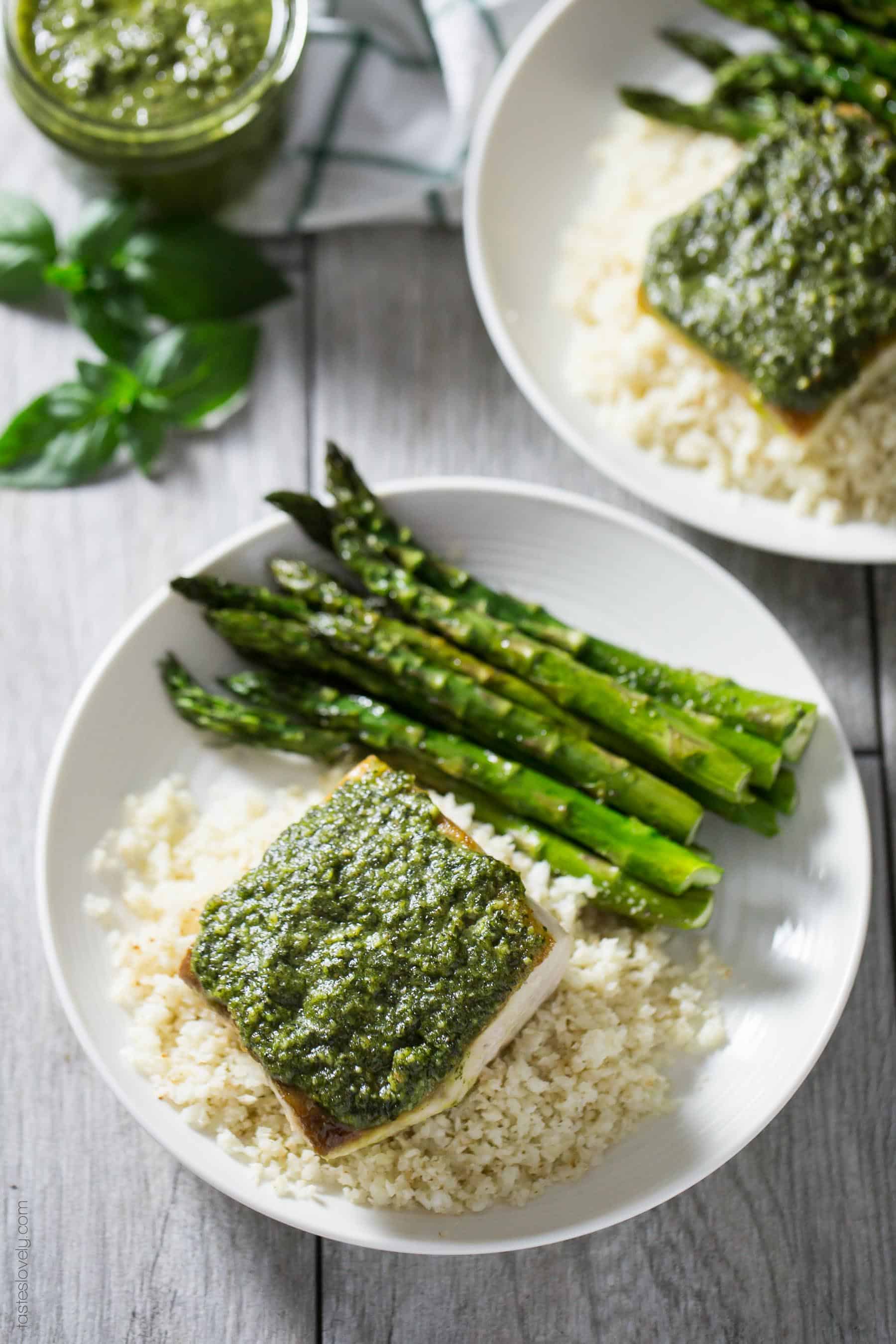 Pesto Mahi Mahi - a simple and fresh fish dinner recipe that is paleo, gluten free, Whole30 and dairy free!