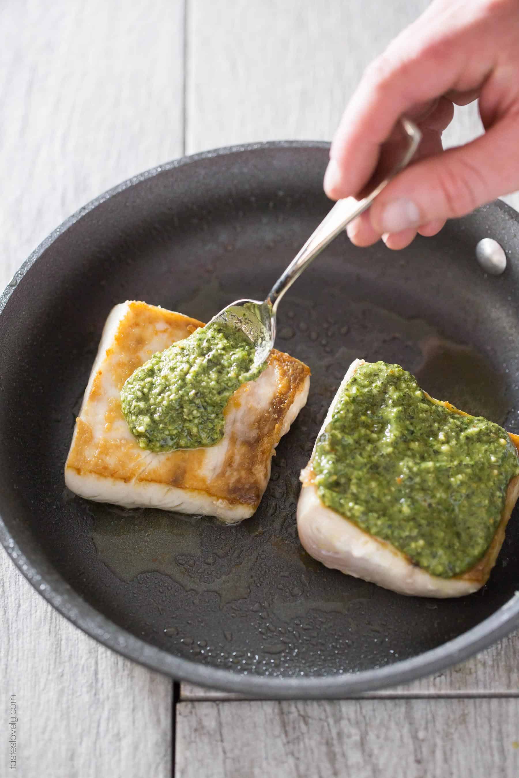 Pesto Mahi Mahi - a simple and fresh fish dinner recipe that is paleo, gluten free, Whole30 and dairy free!