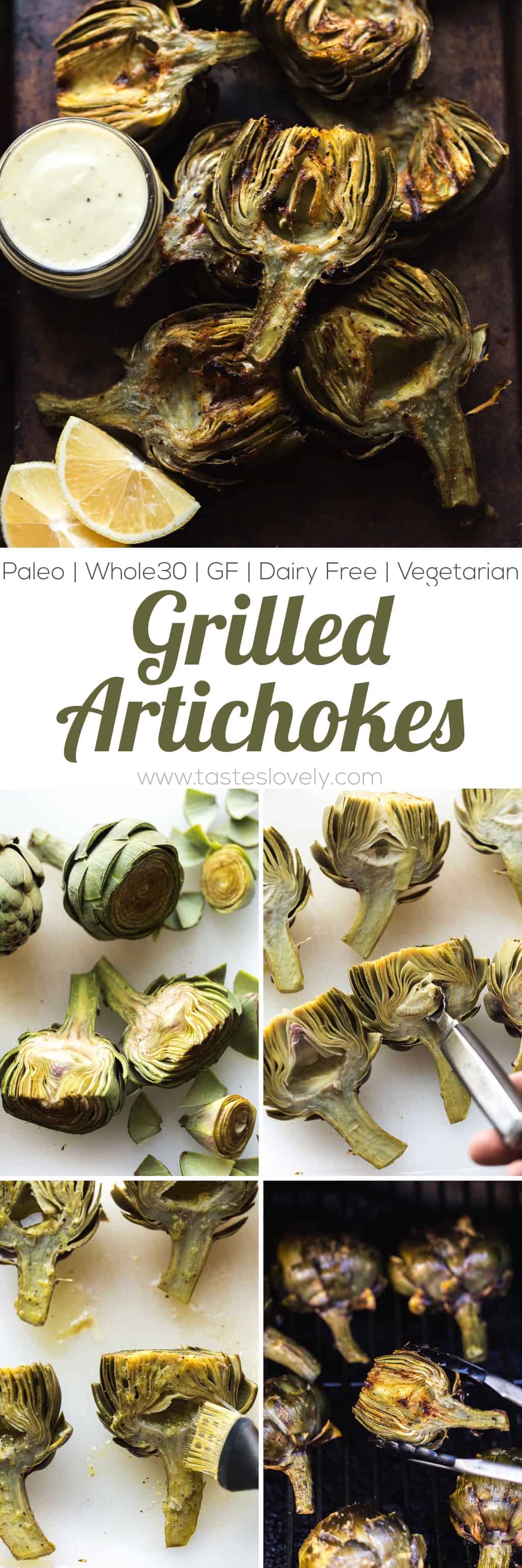 Paleo & Whole30 Grilled Artichokes with a lemon garlic basting oil and a lemon garlic aioli dipping sauce. A delicious appetizer or side dish recipe! Paleo, Whole30, gluten free, grain free, dairy free, sugar free, vegetarian, clean eating.