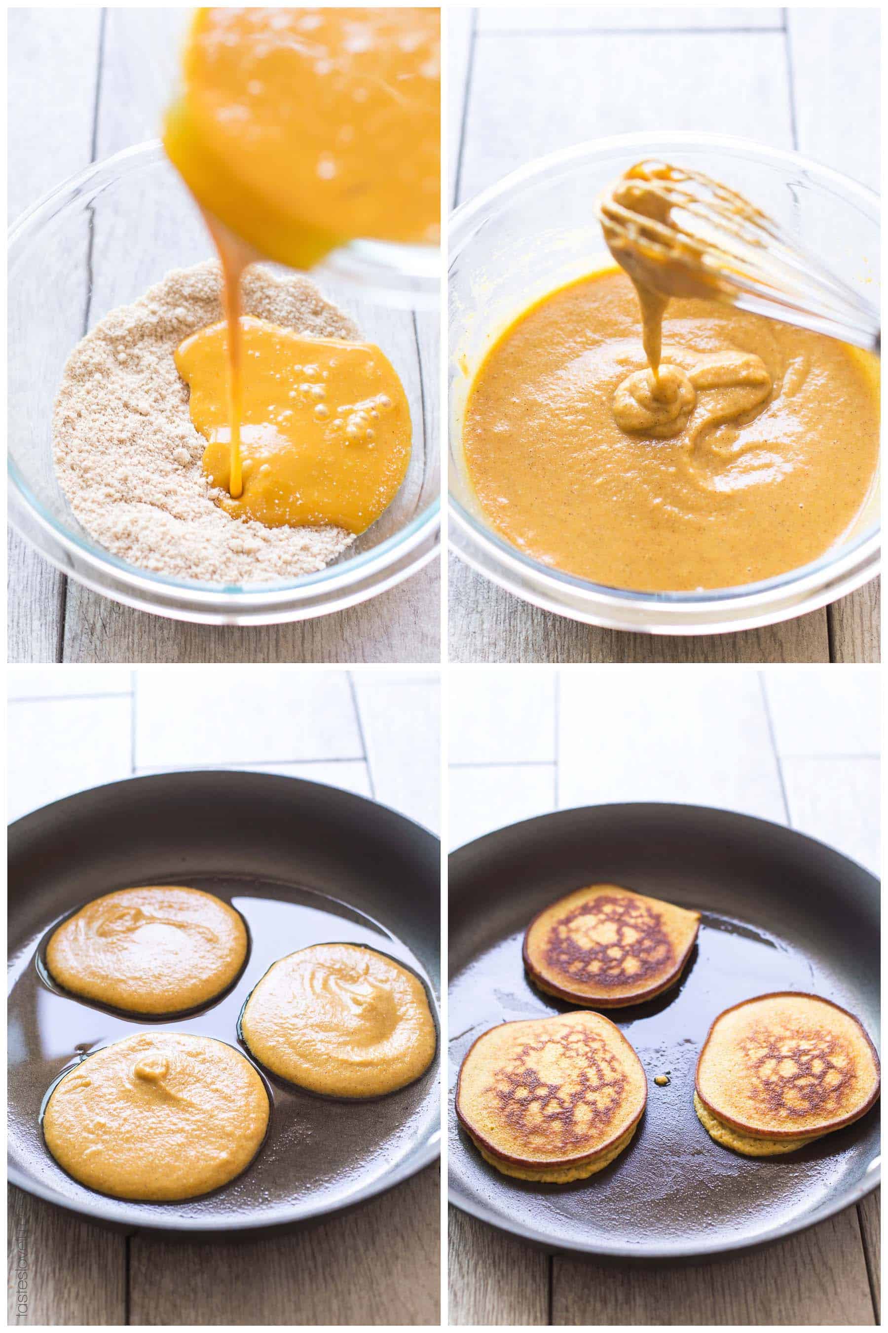 Paleo Pumpkin Pancakes made with almond flour and coconut flour. Light and fluffy pancakes packed with pumpkin flavor! Paleo, gluten free, grain free, dairy free, refined sugar free, clean eating.