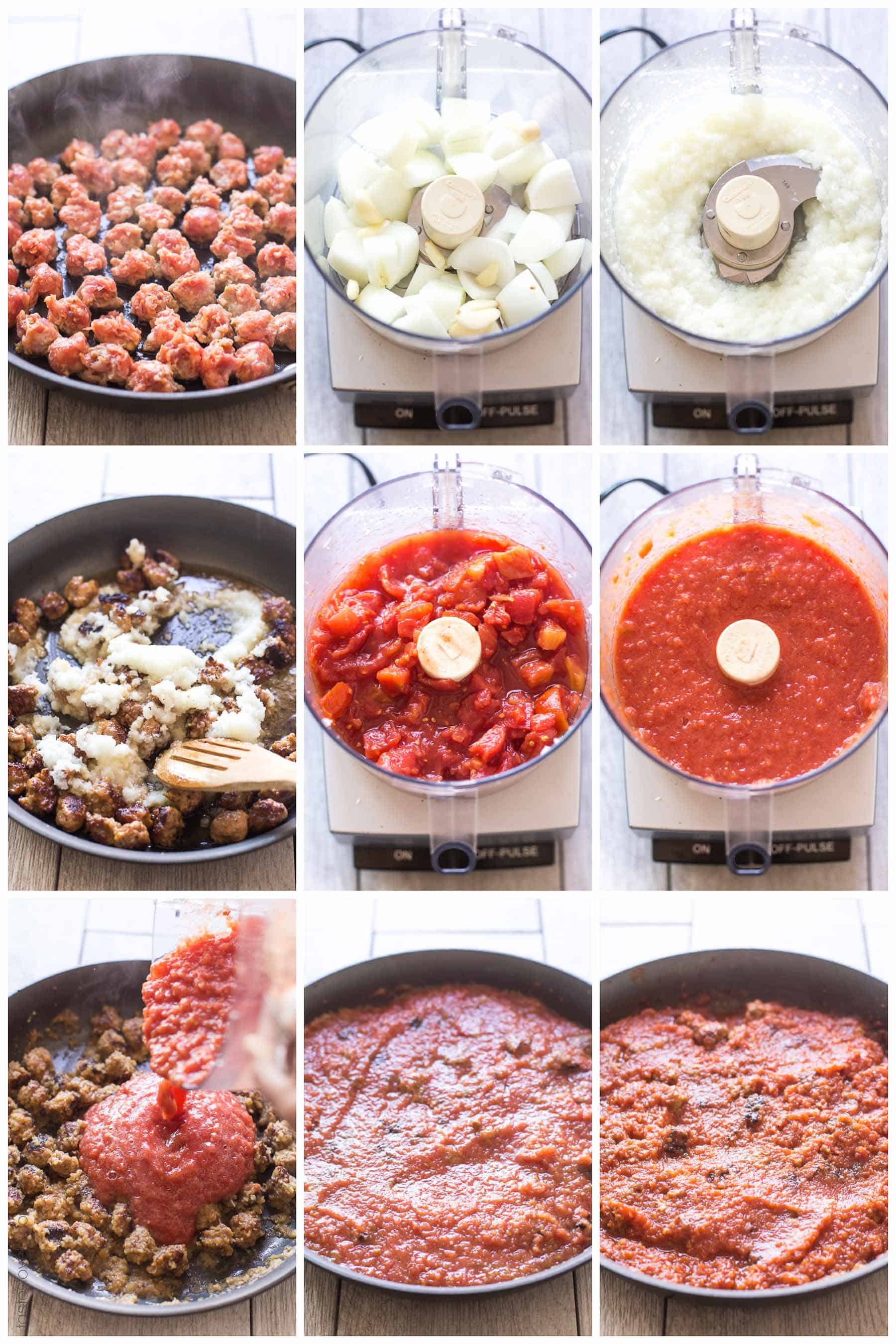 Homemade paleo & Whole30 marinara sauce, made from canned tomatoes with italian sausage. Served over zucchini noodles. A healthy and delicious dinner recipe! Paleo, whole30, gluten free, grain free, dairy free, sugar free, clean eating.