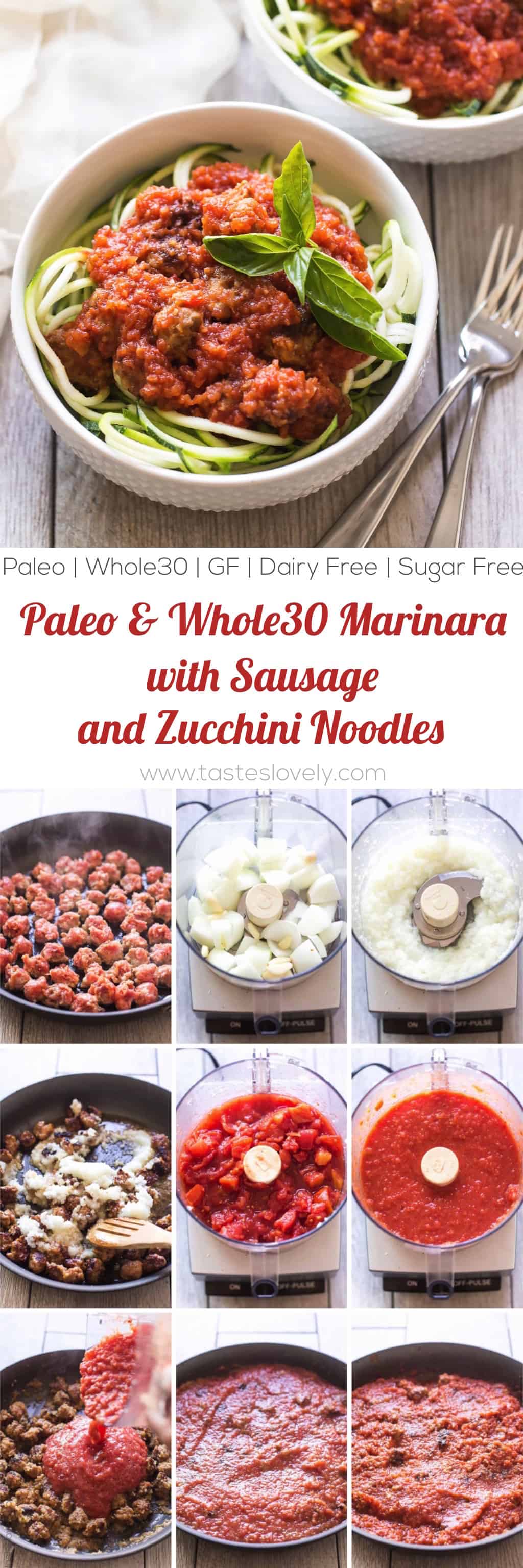 Homemade paleo & Whole30 marinara sauce, made from canned tomatoes with italian sausage. Served over zucchini noodles. A healthy and delicious dinner recipe! Paleo, whole30, gluten free, grain free, dairy free, sugar free, clean eating.